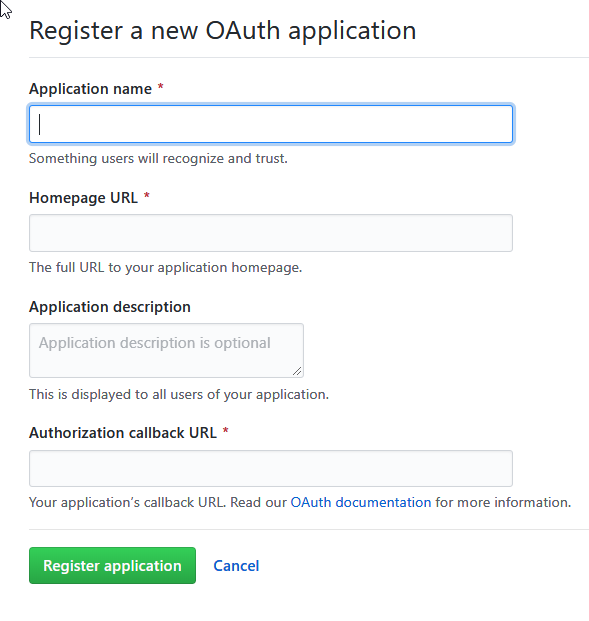 GitHub Register a new OAuth application window