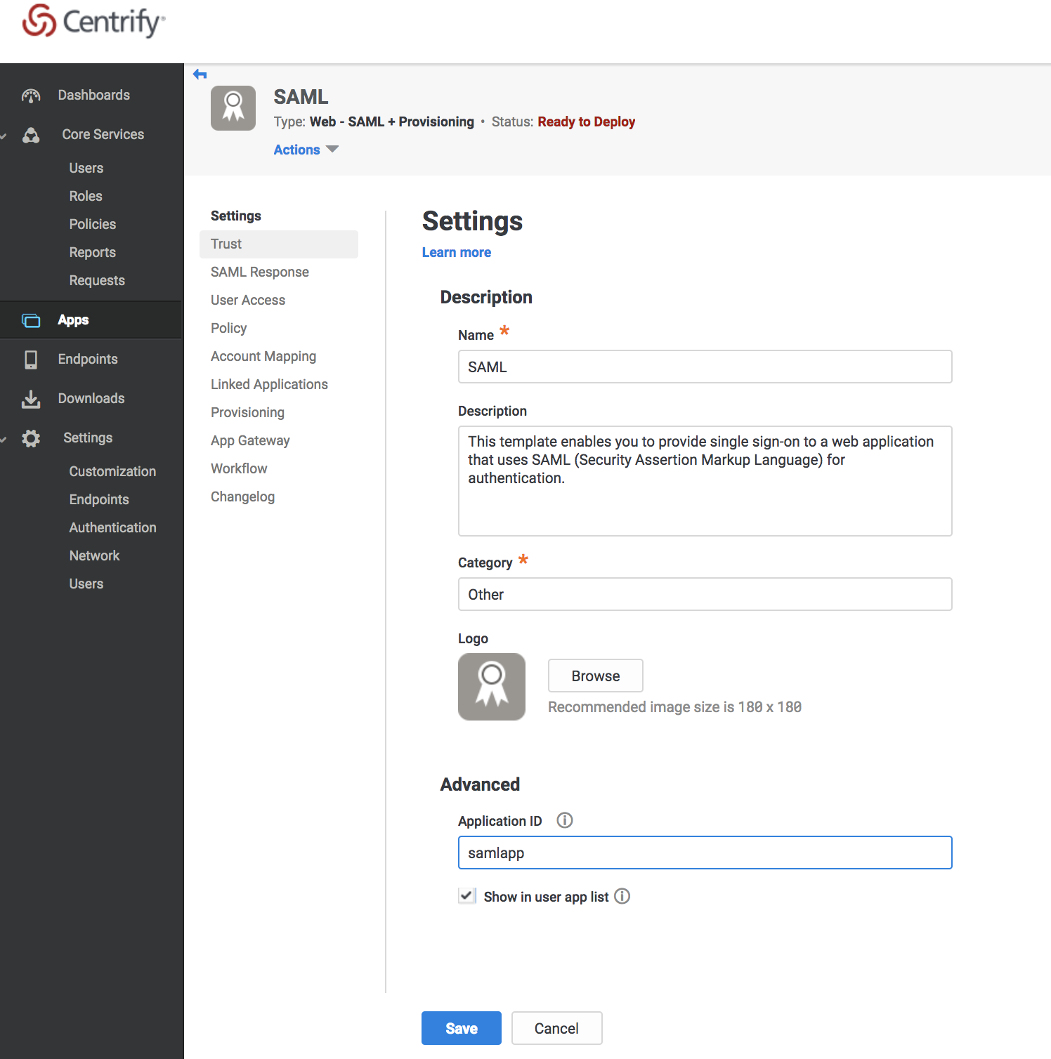 Centrify Settings Add Application details page