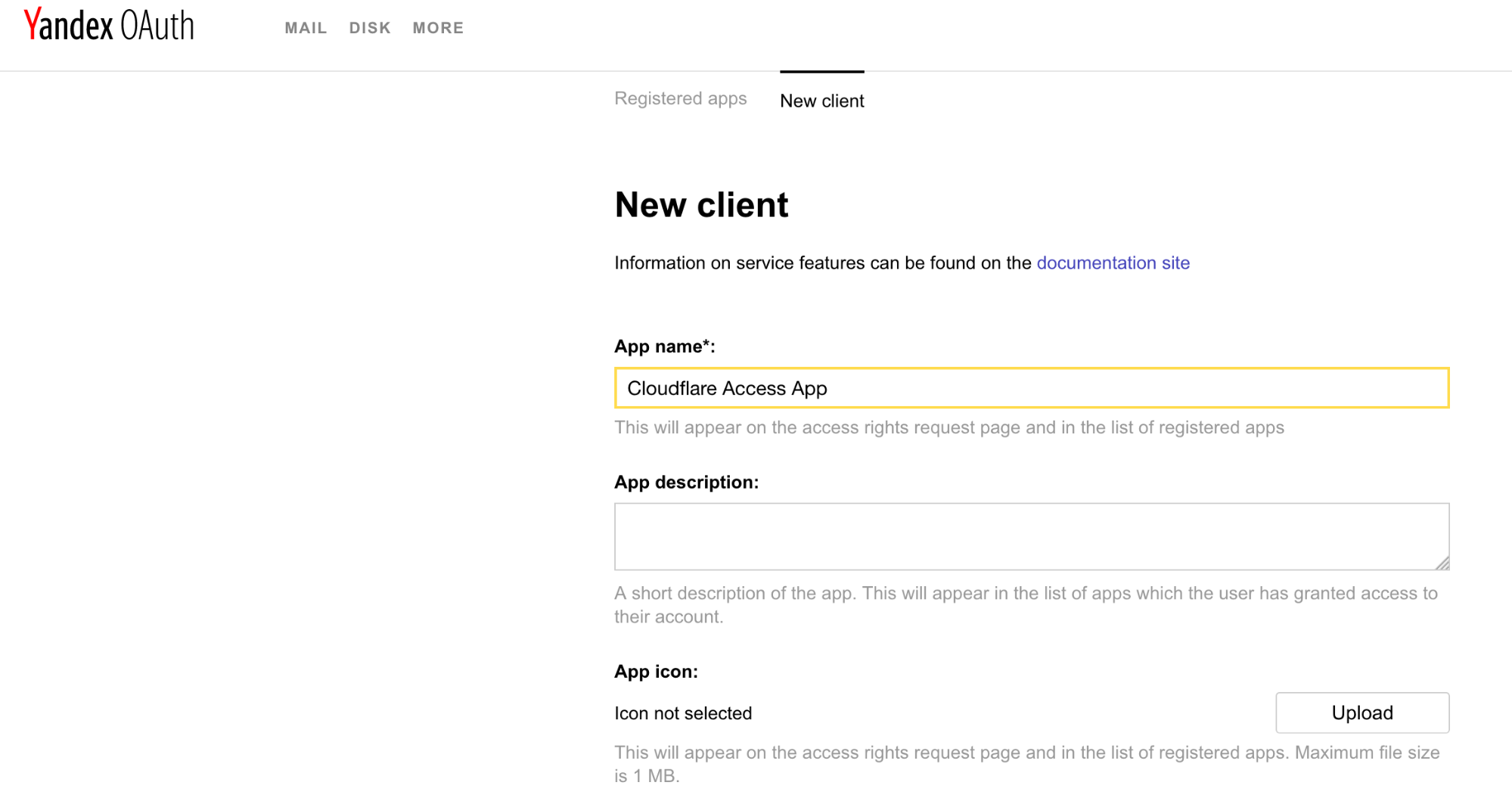 Yandex OAuth page
