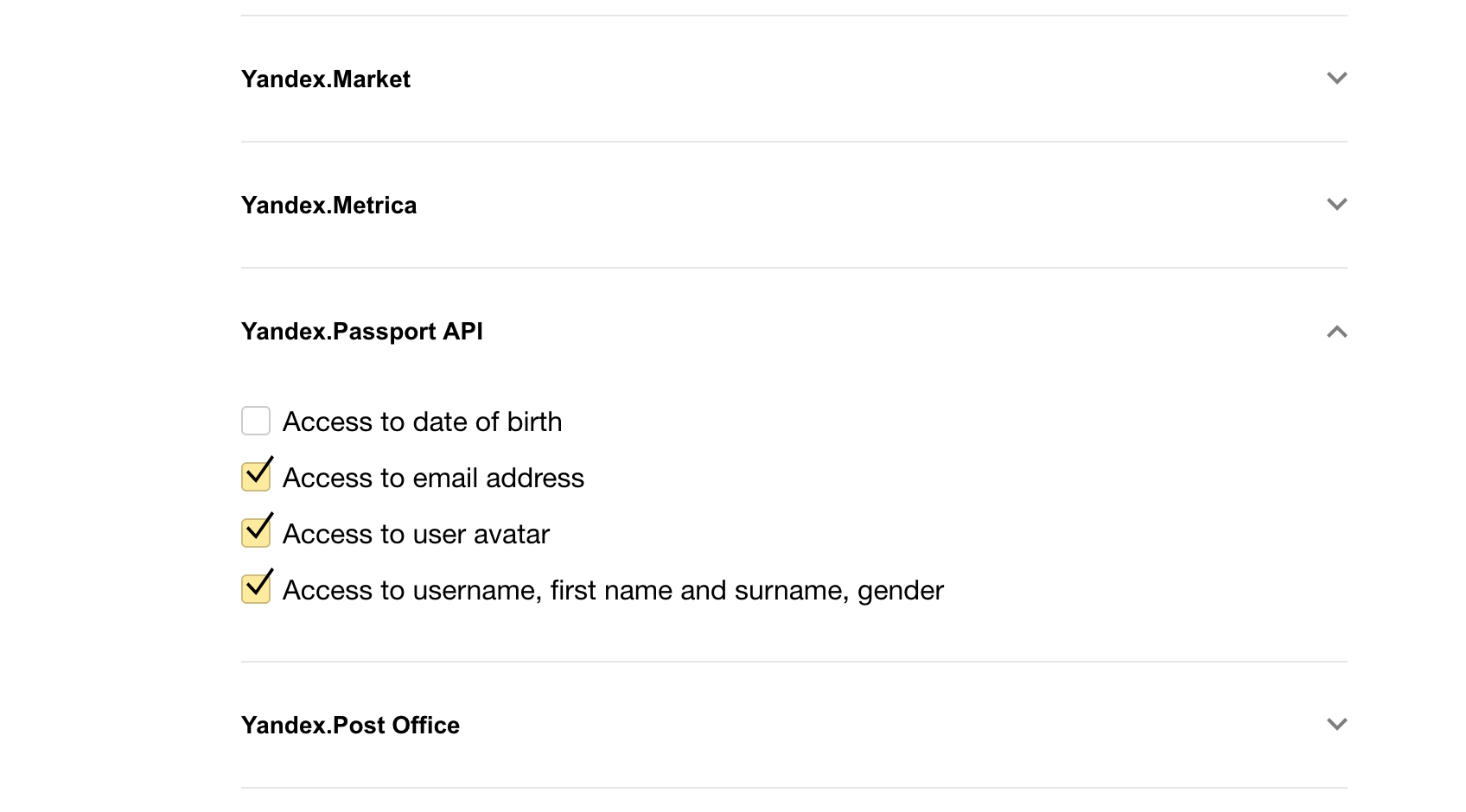 Yandex OAuth fields