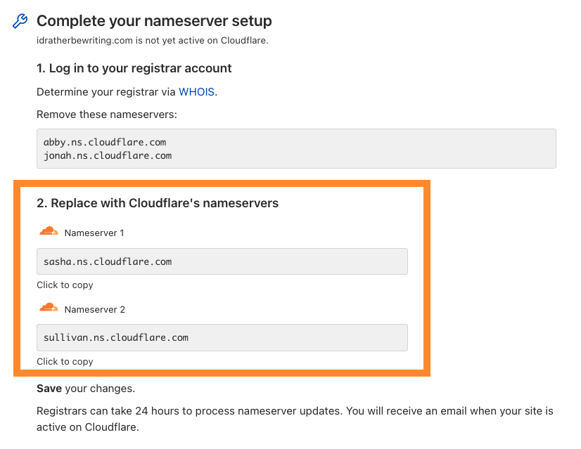 get nameserver names from the Overview page of your domain