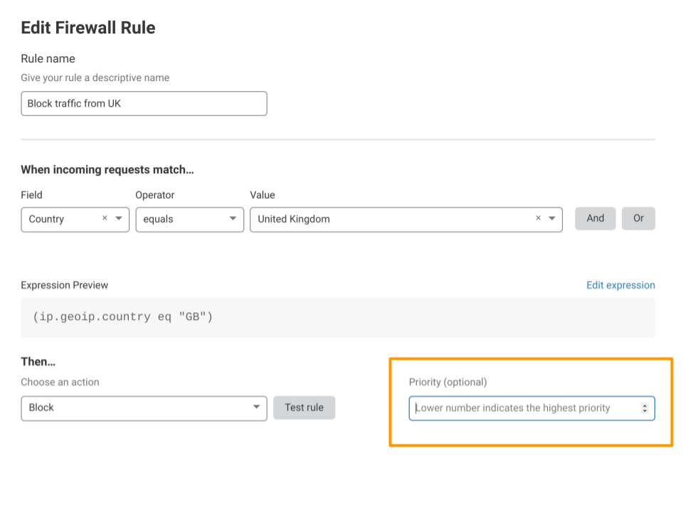 Edit firewall rule page