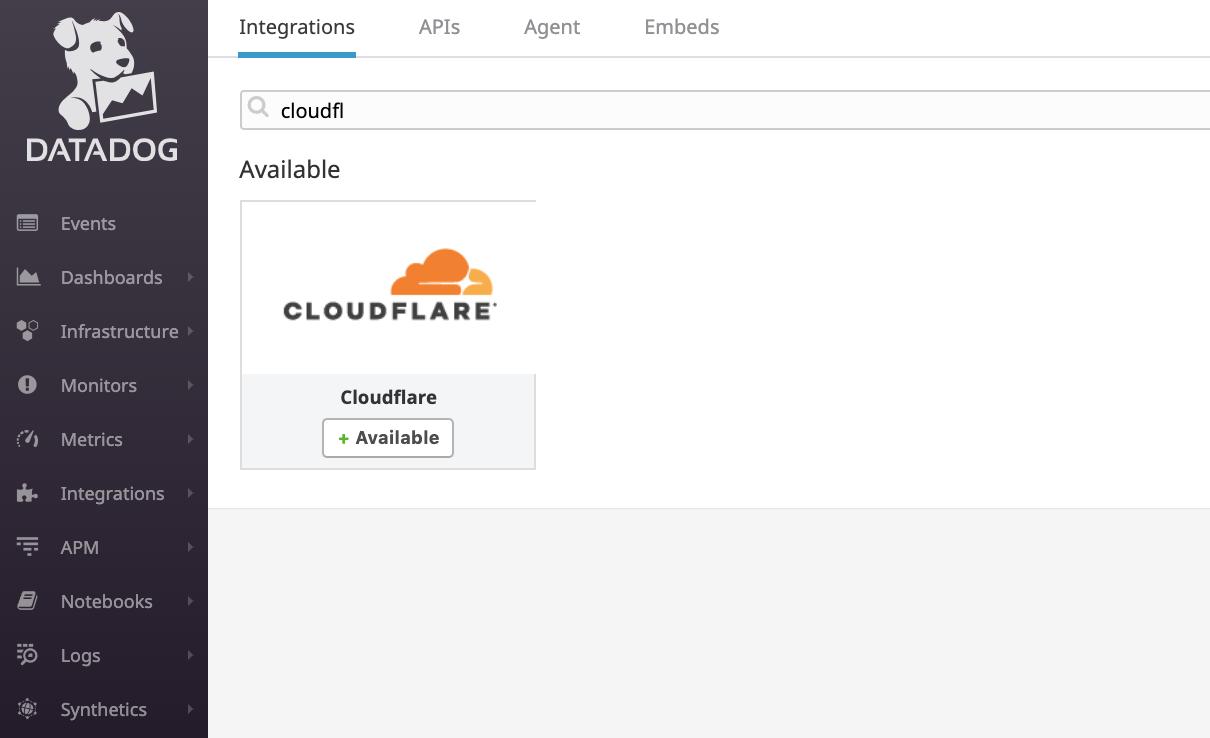 Datadog Integrations search for Cloudflare App