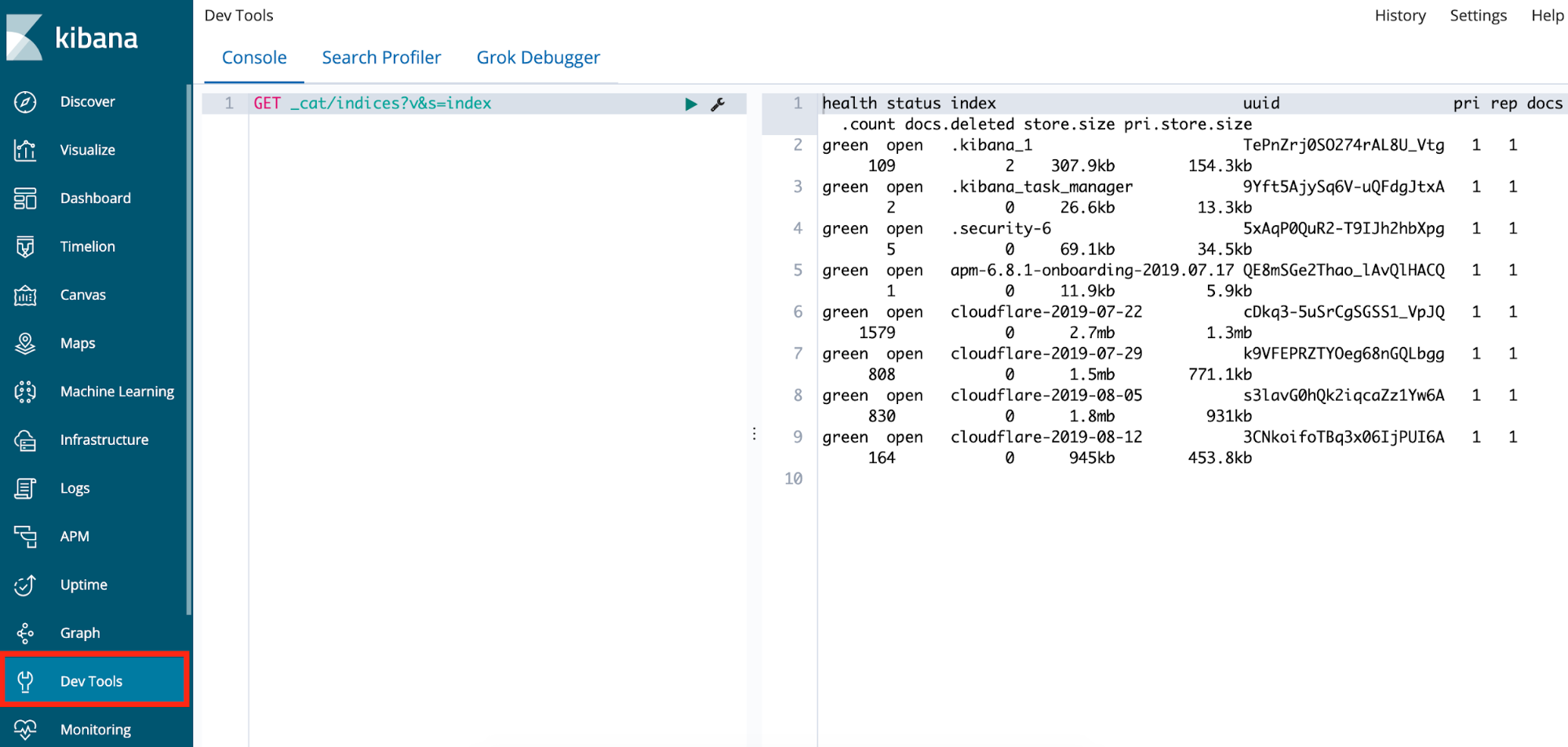 Elastic Kibana Dev Tools console 1