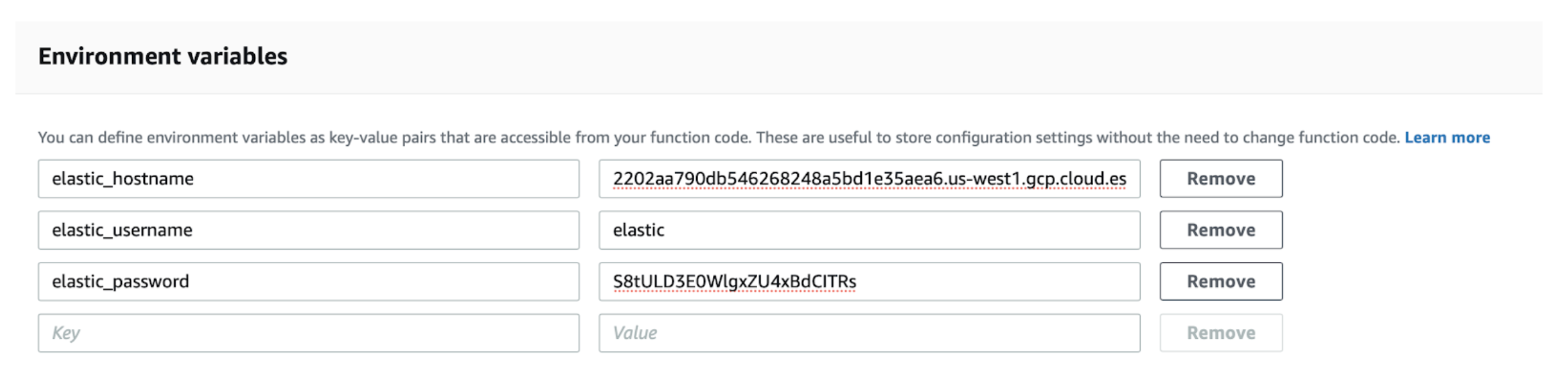 Elastic Lambda environment variables