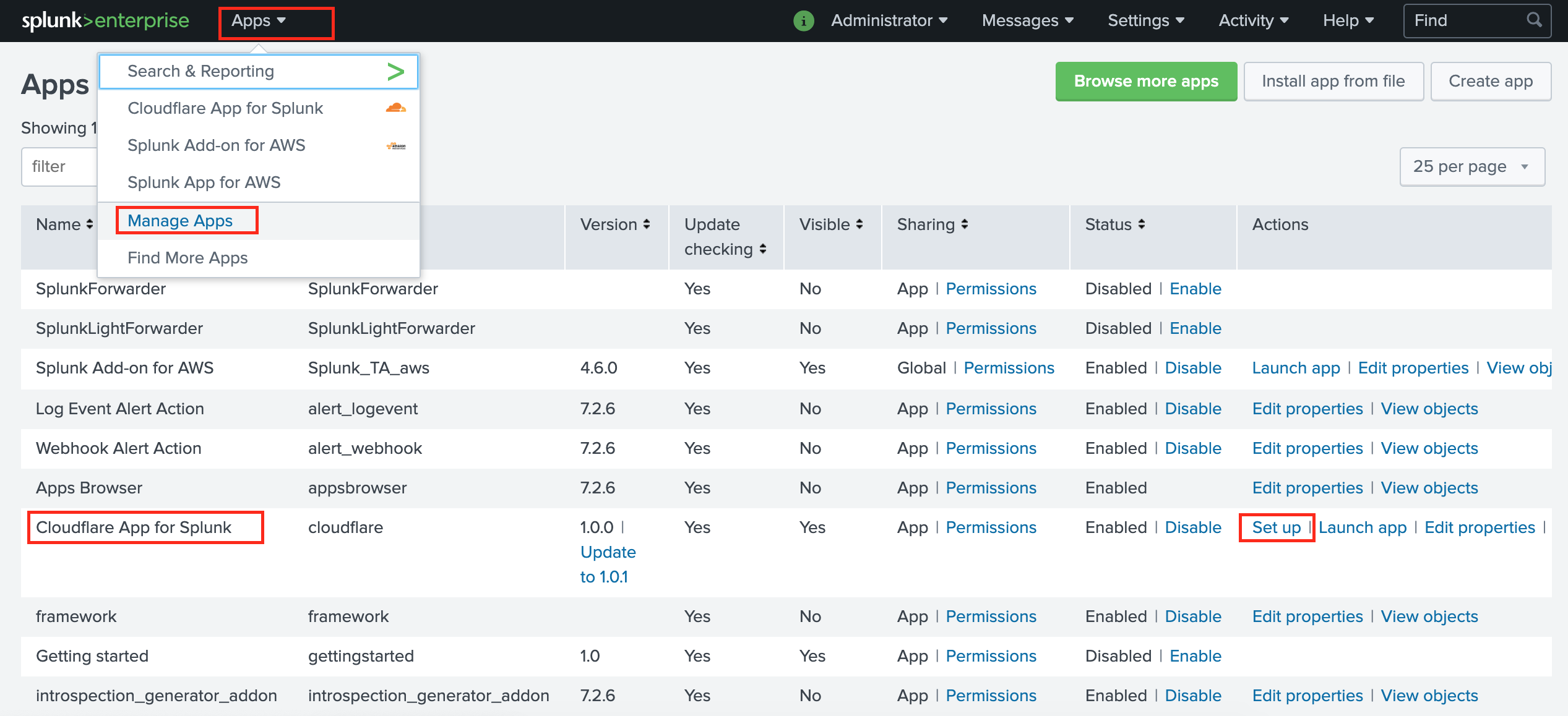 Splunk apps set up interface