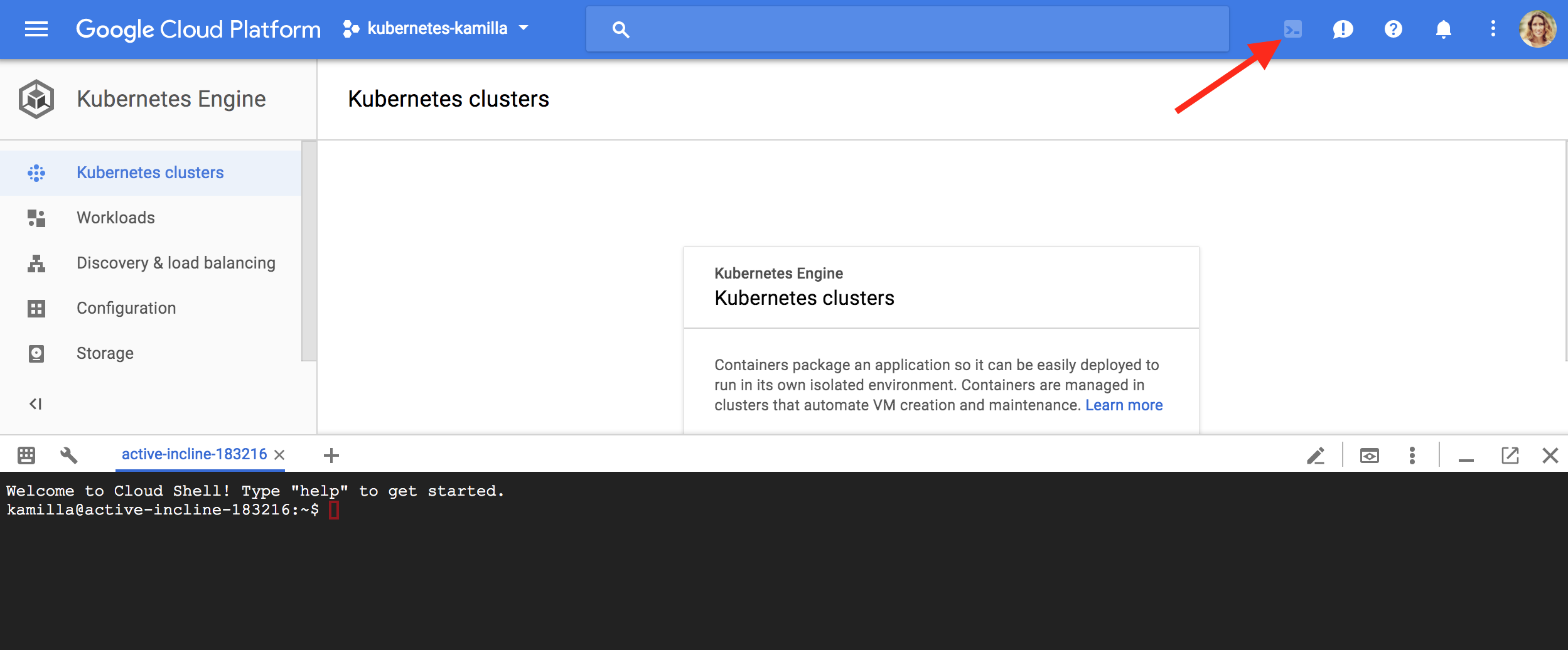 Use the Cloud Shell in Google Kubernetes Engine