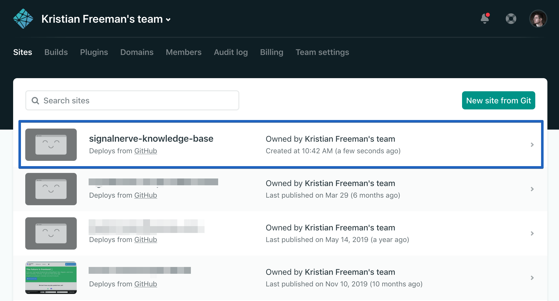Selecting a site in the Netlify Dashboard