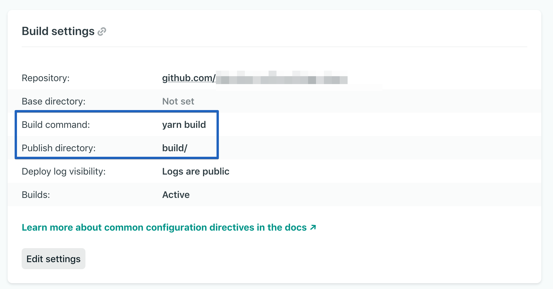 Finding the “Build command” and “Publish directory” fields