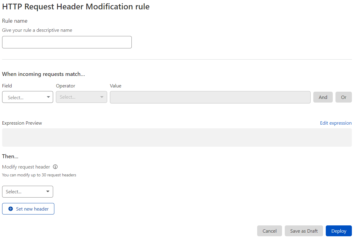 Create HTTP Request Header Modification rule page