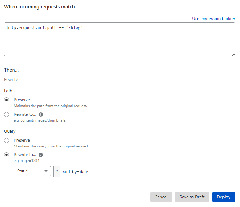 Rule configuration for query rewrite in the blog example