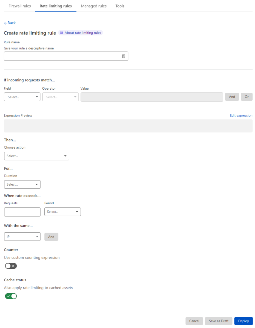 Create rate limiting rule page