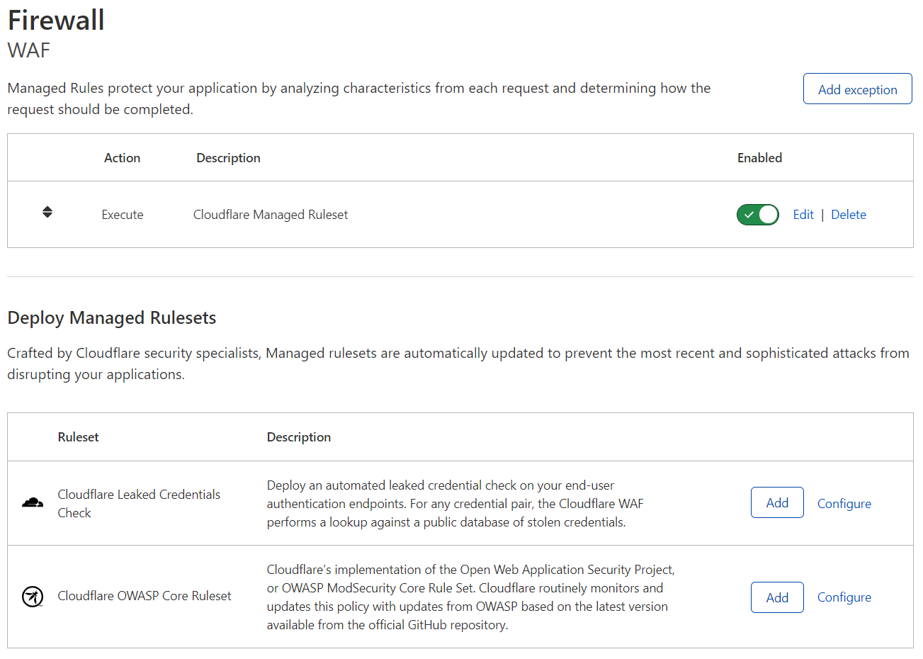 Displays the content of the Managed rules tab in Security > WAF