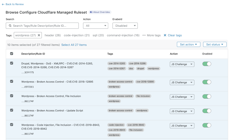 Configure Managed Ruleset rules in bulk