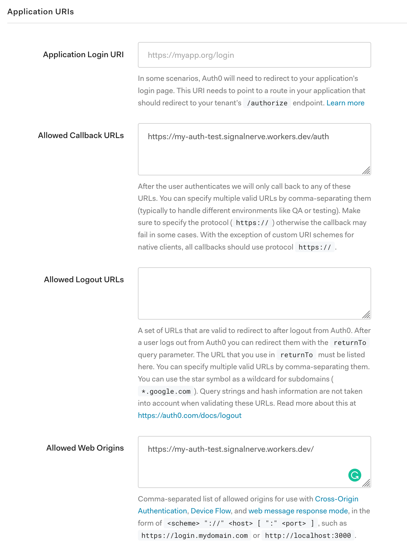 Auth0 allowed URLs