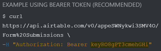 An example request in Airtable’s API documentation, with the Airtable API key highlighted